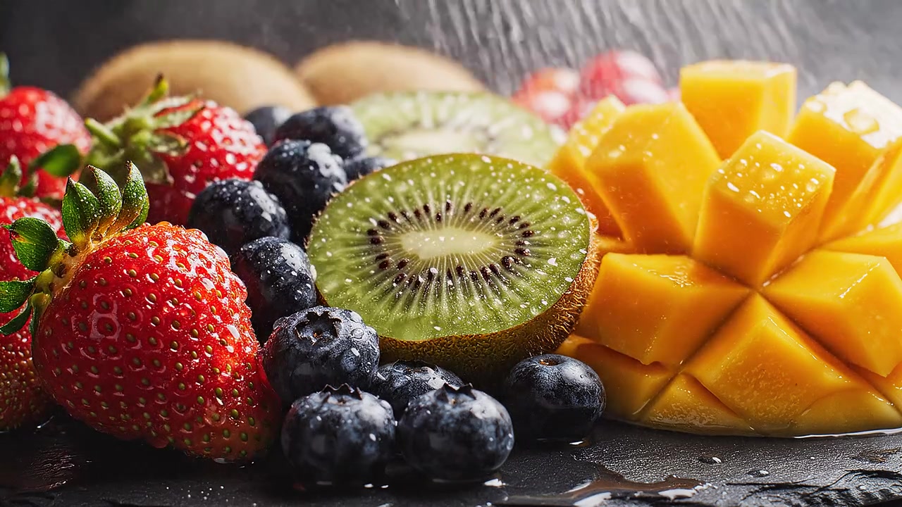 Assortimento di frutta fresca mista irrorato con nebbia d'acqua