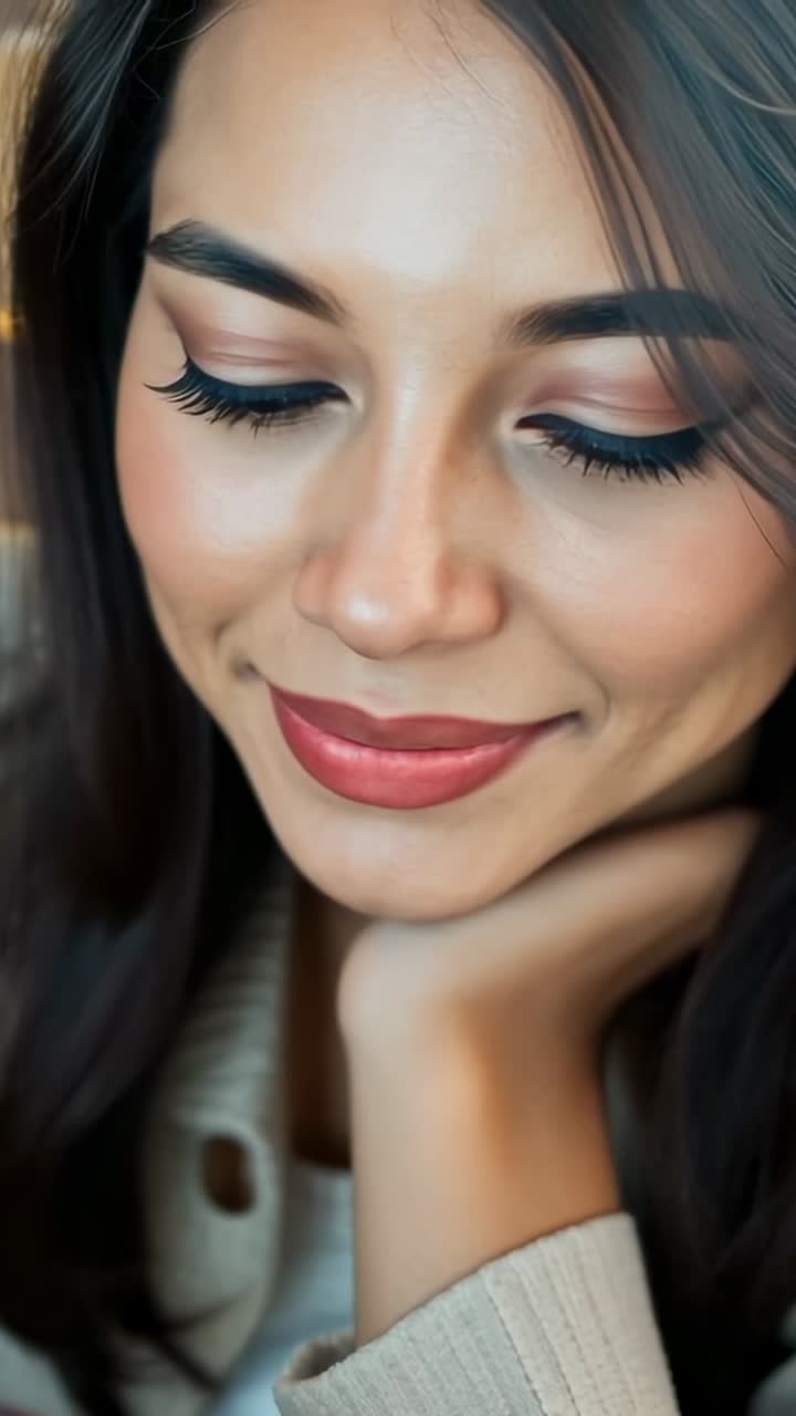 Vertical video: Lifting smartphone woman scrolling to read messages at cafe table under lamp glow