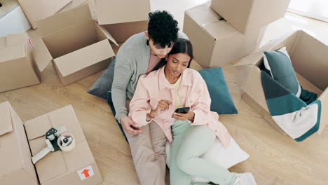 happy couple, real estate and phone in relax