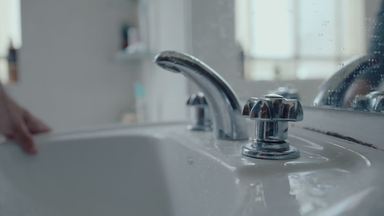 Man Turning On Faucet and Washing Face above Bathroom Sink