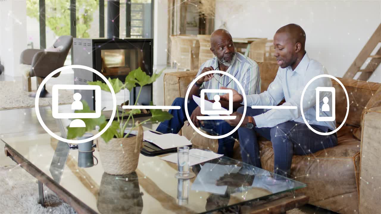 Adult pulling document, explaining finance to senior in home, animated network icons obscuring view