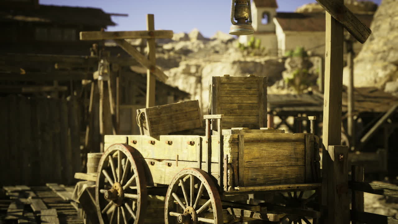 Carrello da carico abbandonato con robuste ruote di ferro e strutture remote