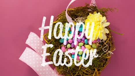 animation of happy easter text over basket with decorated easter eggs on red background