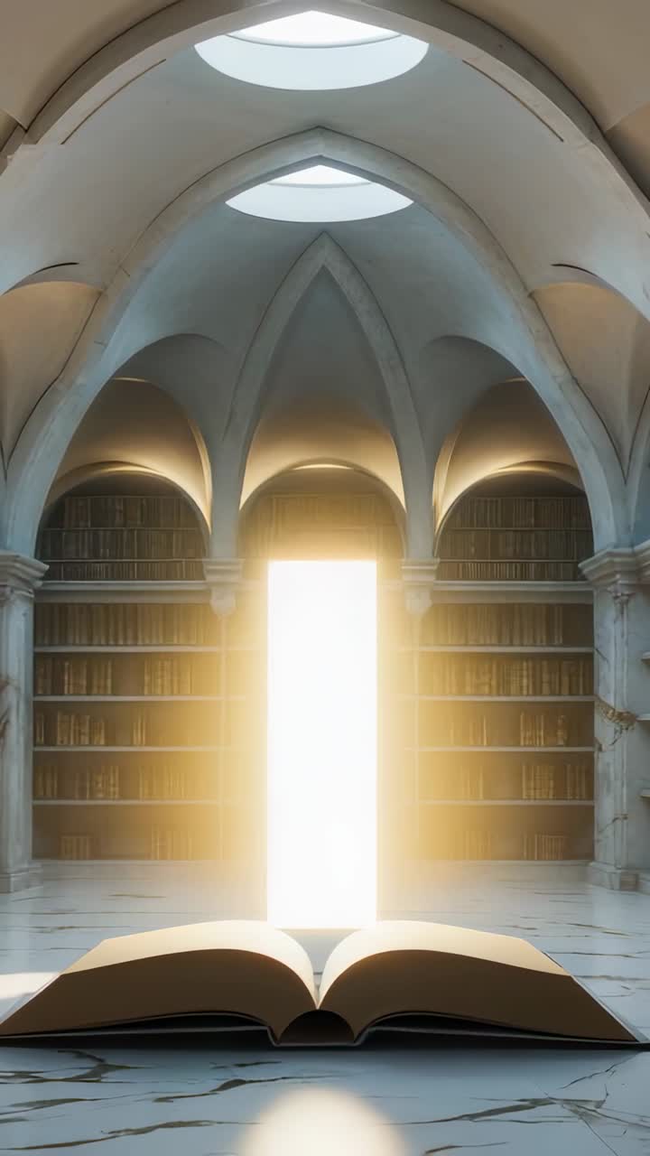 Vertical video: Glowing ancient book sending golden beam rising in domed library, illuminating arch