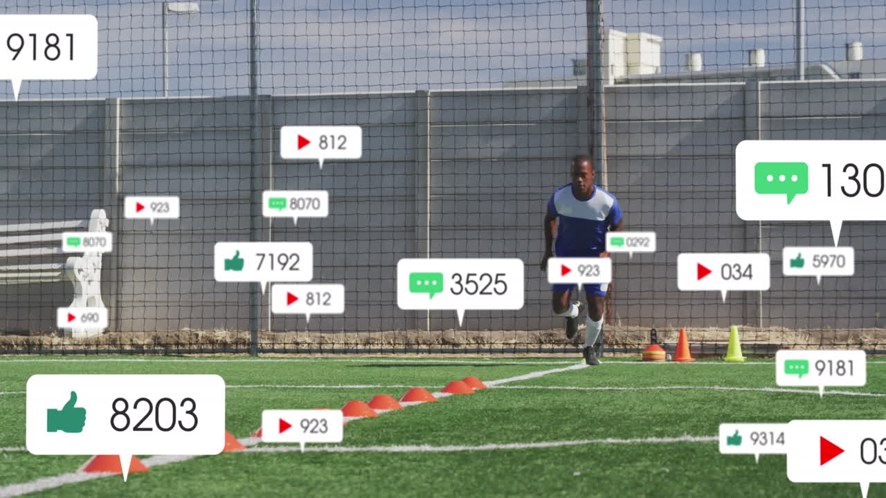 스포츠 경기장에서 훈련하는 아프리카계 미국 남성 축구 선수에 대한 소셜 미디어 아이콘의 애니메이션