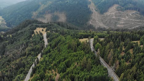 aerial view of mountain roads surrounded with green coniferous forest - drone shot