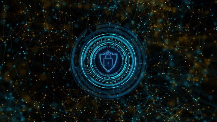 Global network security ai chip circuit lines security digital technology background data protection