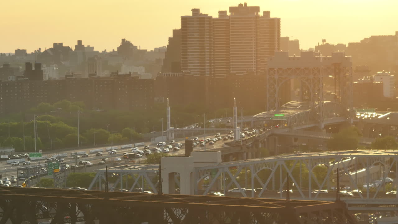 Aerial view of rush hour traffic at sunset. Shot in The Bronx