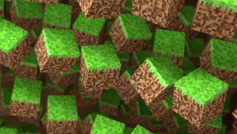 3d abstract cubes. geometric mosaic waves pattern. construction of hills landscape using brown and green grass blocks. minecraft style. 3d animation loop of 4k