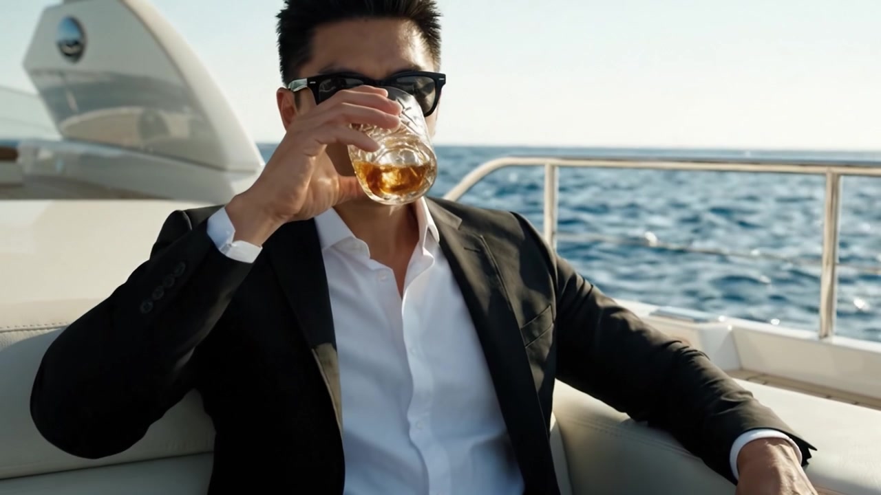Relajación y lujo: Un individuo seguro disfruta de un momento de ocio en un yate con un vaso de whisky, capturando la esencia de la sofisticación y la serenidad junto al mar.