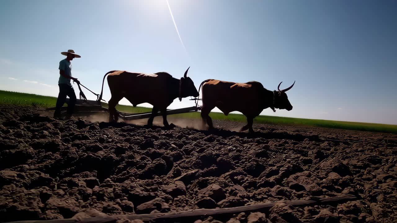 Farmer plowing a field with oxen at sunrise