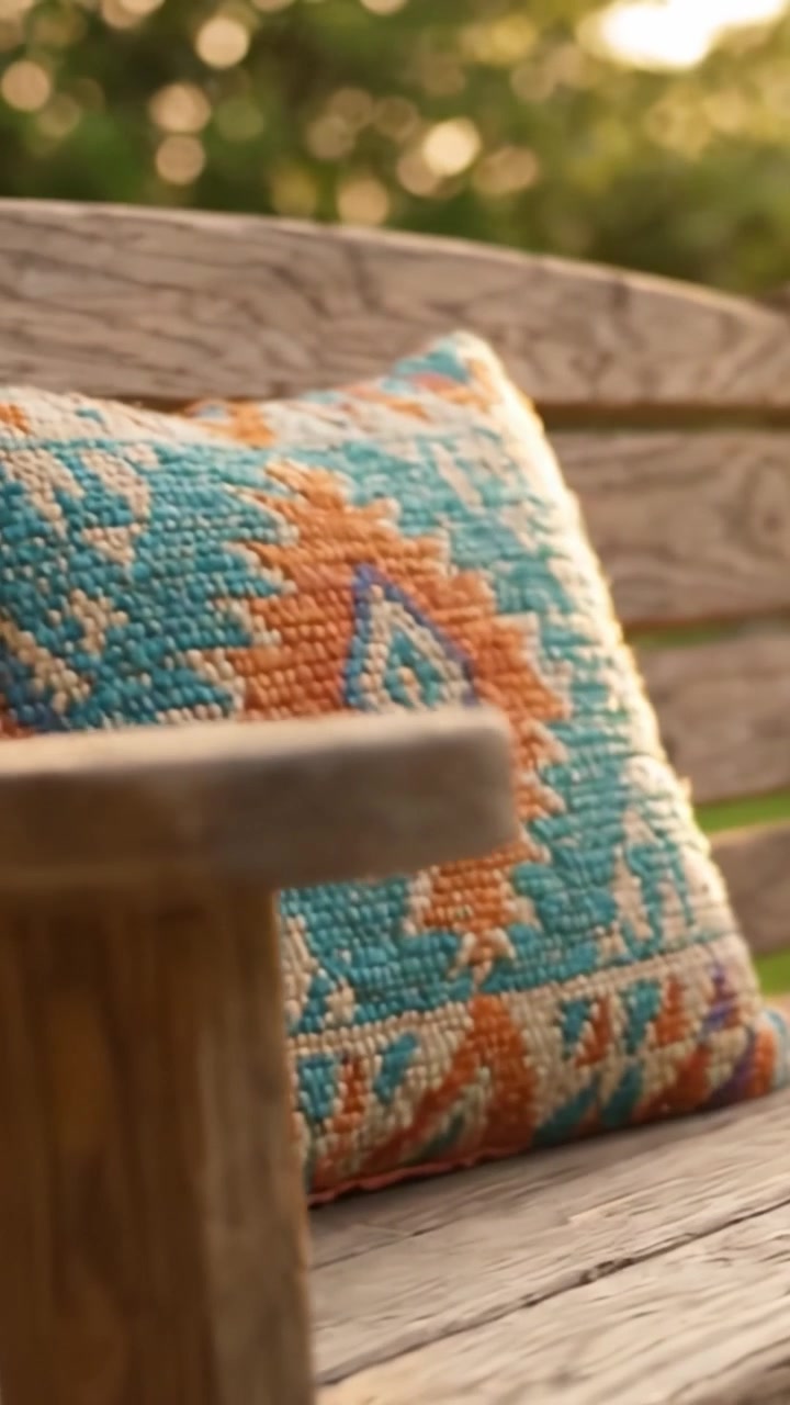 Un'accogliente altalena in legno con un cuscino decorativo colorato, ambientata su uno sfondo naturale, perfetta per il relax e per godersi momenti tranquilli all'aperto.
