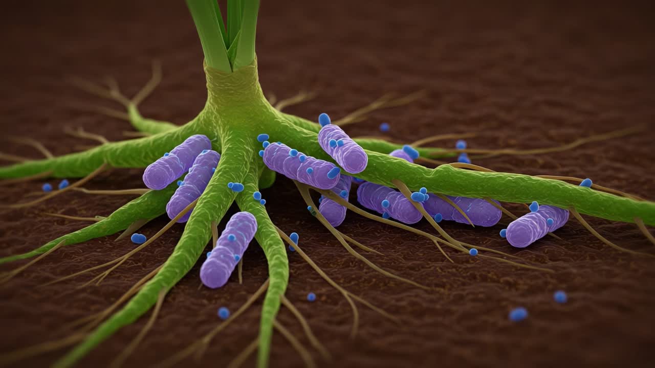 Detailed Microscopic Visualization of Plant Root System with Associated Bacteria Highlighting Symbiotic Relationships and Nutrient Assimilation for Growth