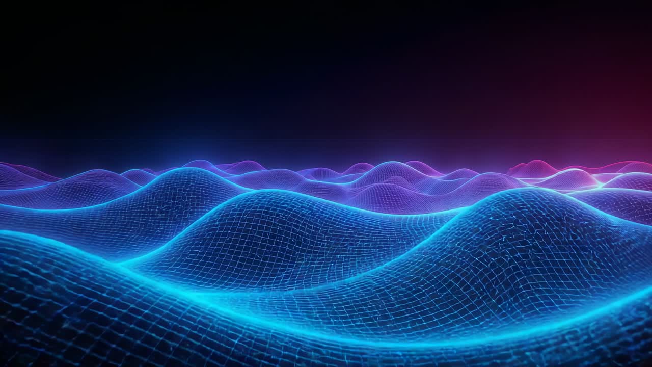 Looping neon wireframe mesh rippling, flashing nodes in dark void, cyan crests, magenta-rim glowing