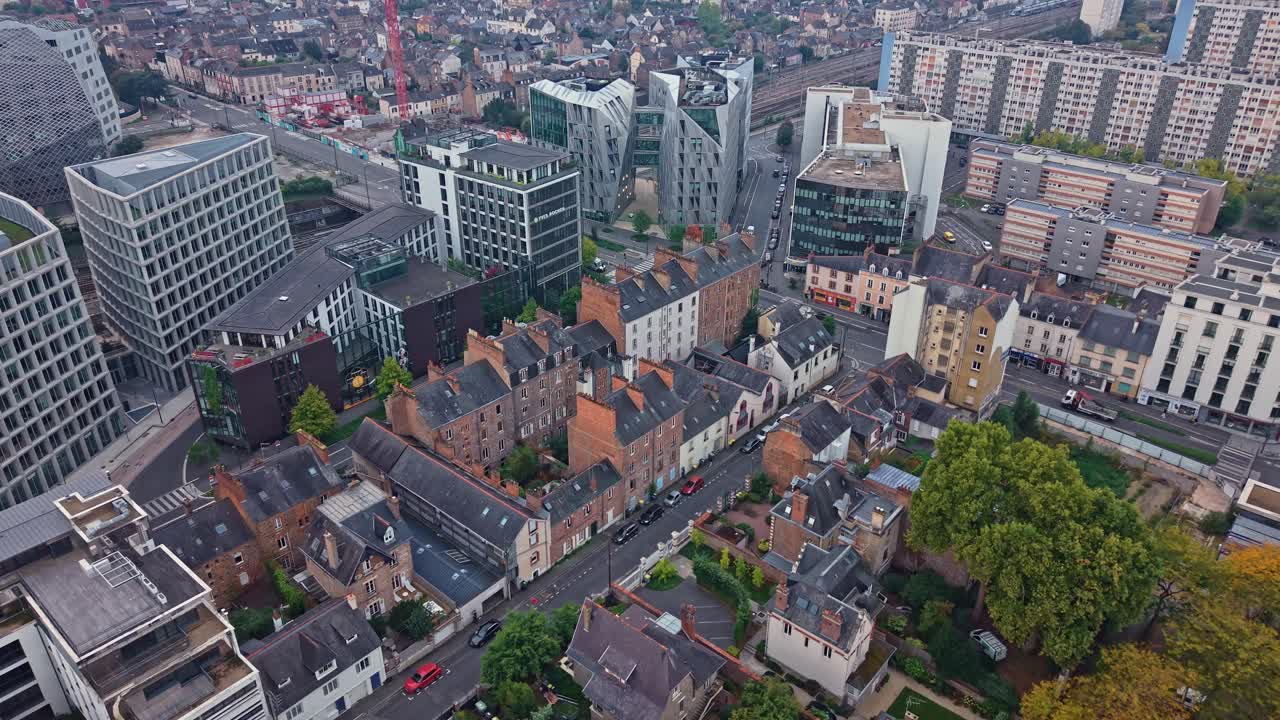 Aerial drone view of modern Urban Quartz office building in Colombier district, Rennes, France, for architecture, business, and urban development content