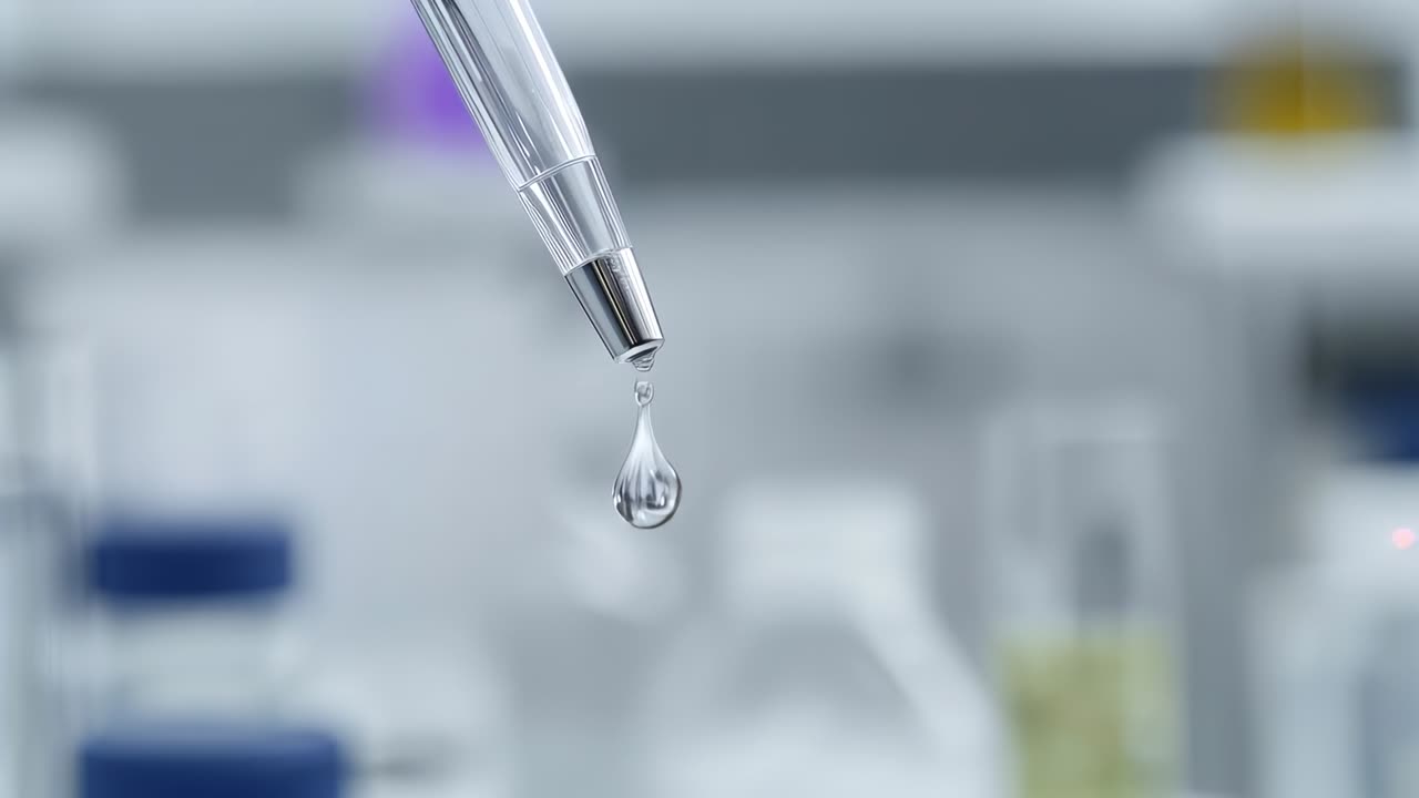 Recogida de líquido, punta de pipeta liberando la gota principal sobre el laboratorio para la transferencia de muestras con tubos azules