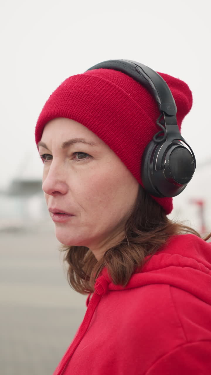 Woman in red beanie and hoodie wearing headphones, looking contemplative with mouth slightly open, during winter, background features decorative fence, blurred atmospheric fog, and urban setting