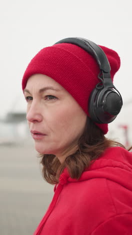 woman in red beanie and hoodie wearing headphones, looking contemplative with mouth slightly open, during winter, background features decorative fence, blurred atmospheric fog, and urban setting