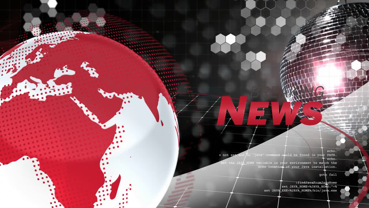 Breaking News animation with red and white globe over digital grid background