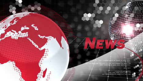 breaking news animation with red and white globe over digital grid background