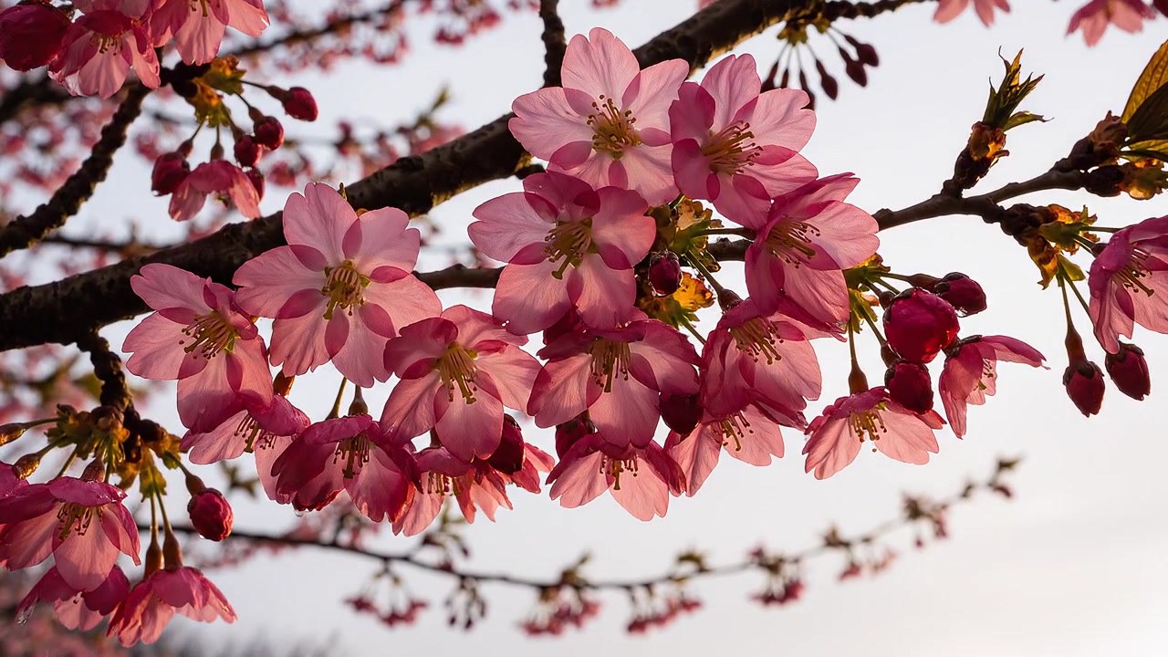 Primo piano di boccioli di fiori di ciliegio rosa con goccioline d'acqua