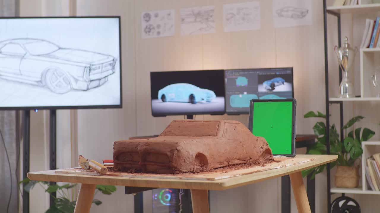 The Sculpture Of Car Clay Beside Green Screen Tablet Is On The Table In The Studio With Tv And Computers Display 3D Electric Car Model