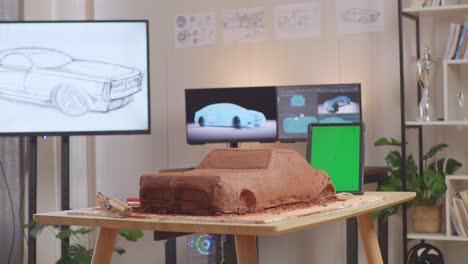 la escultura de arcilla de coche al lado de la tableta de pantalla verde está en la mesa en el estudio con televisión y computadoras mostrar modelo de coche eléctrico 3d