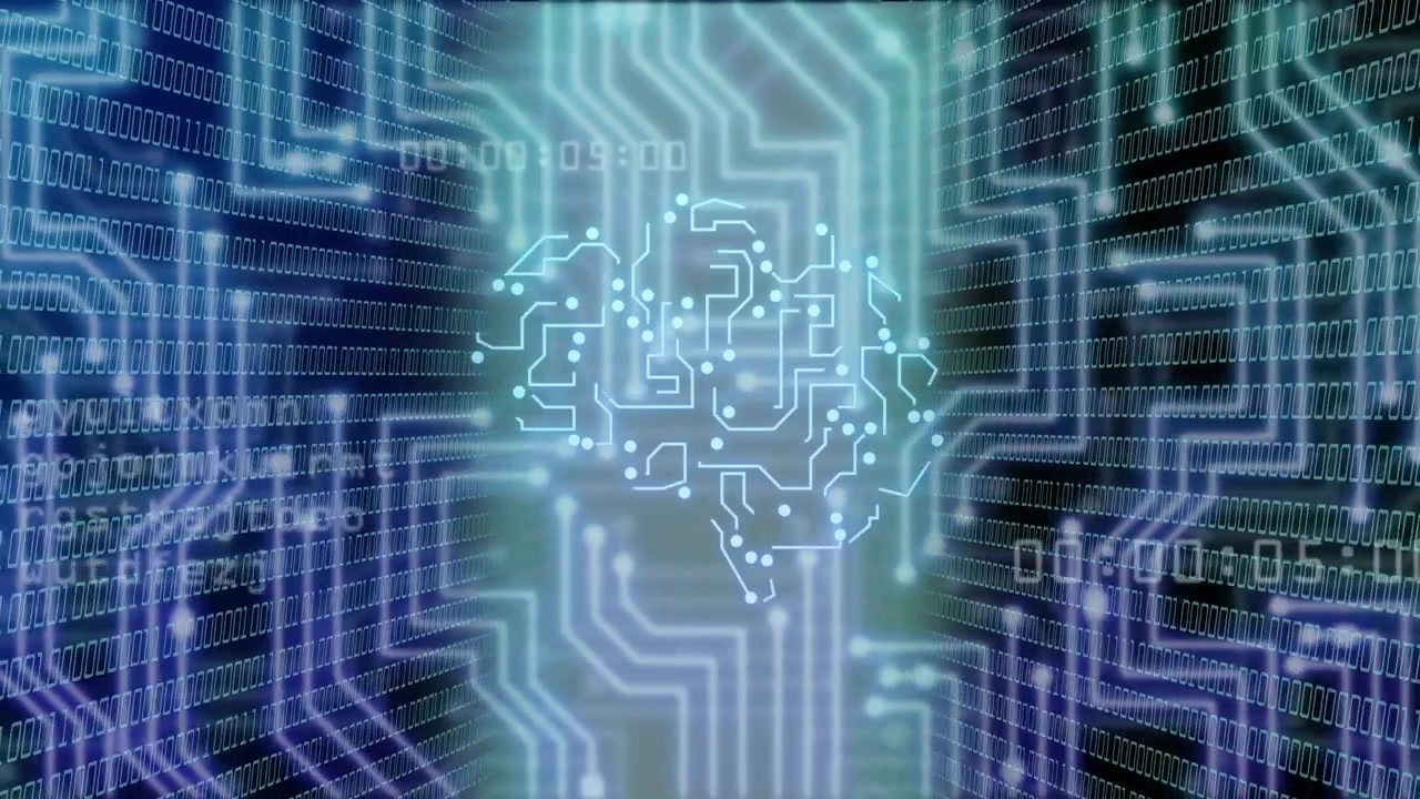 Center column rising, sparking brain circuit drawing, nodes lighting and dots flowing to show data