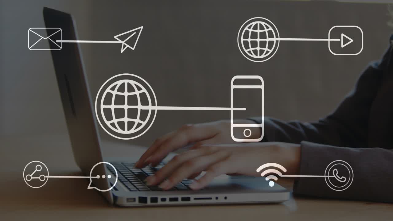 Office woman typing on laptop after overlay icons appear, highlighting digital communication