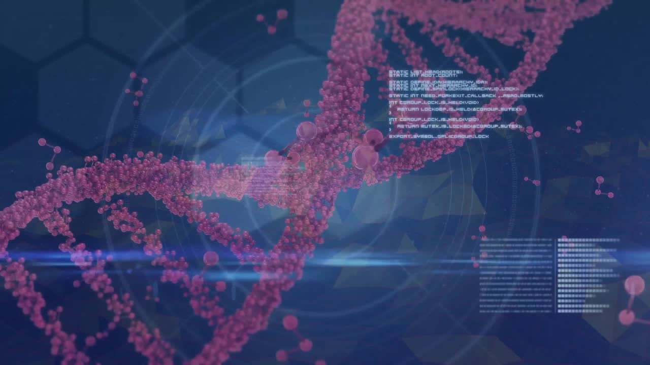 Upon launch, pink DNA helix forming then rotating toward viewer while visualizing molecular data