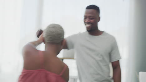 black couple, dancing and smile with toothbrush