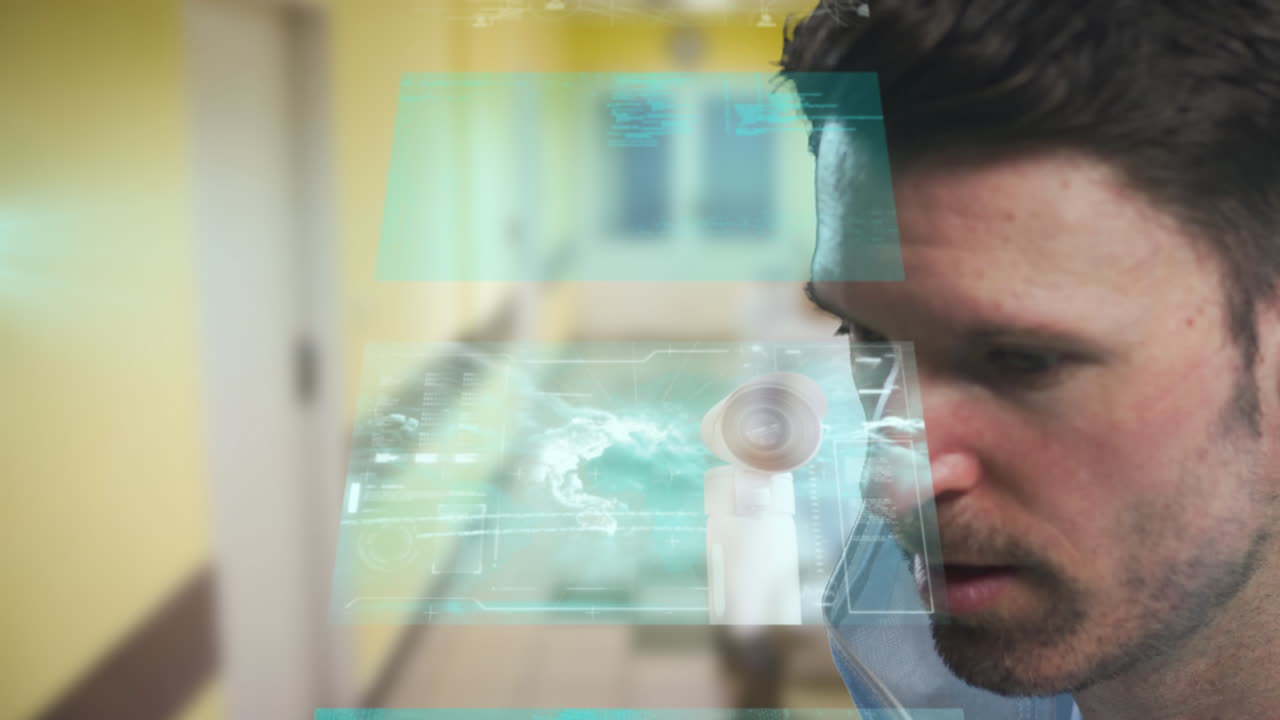 animación de pantallas digitales sobre un médico caucásico con máscara facial