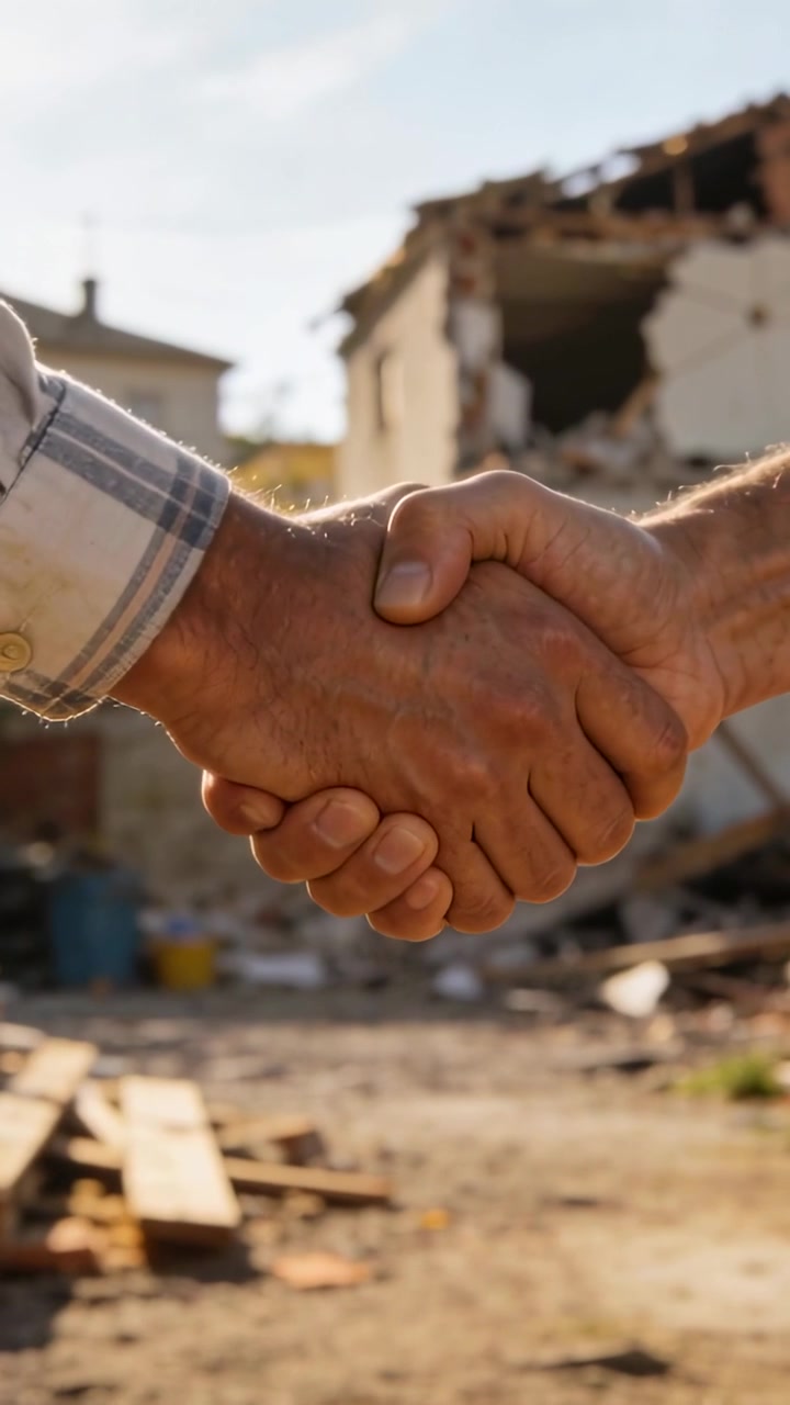 Video verticale: Appaltatori si stringono la mano, siglando un accordo in un cantiere di demolizione; si intravede una manica a quadri.