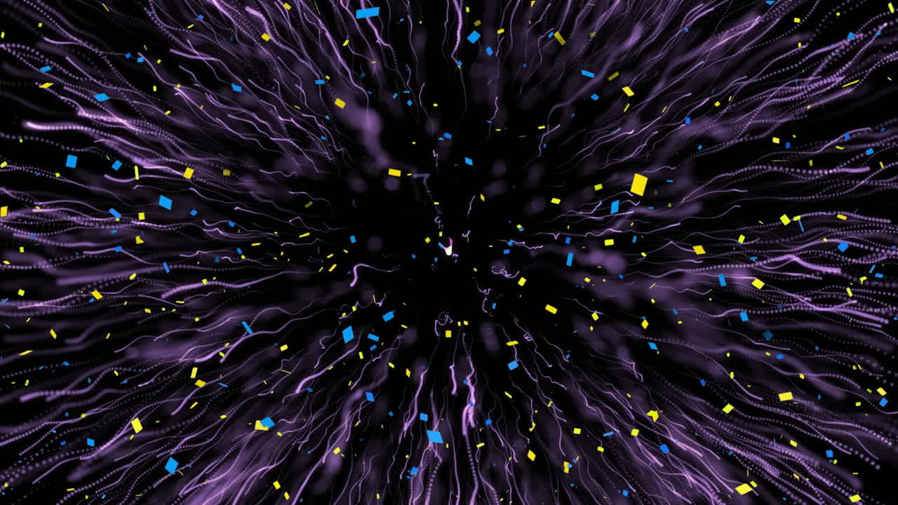 Digital animation of confetti falling over purple digital waves bursting against black background