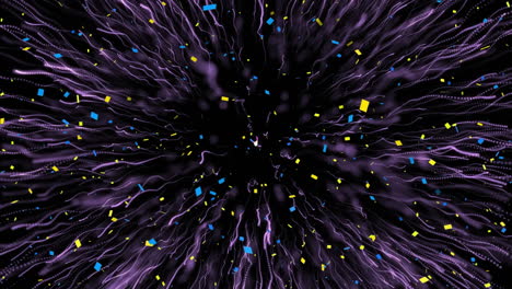 digital animation of confetti falling over purple digital waves bursting against black background