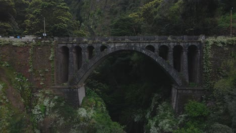 drone view of the old bridge in madeira island, portugal