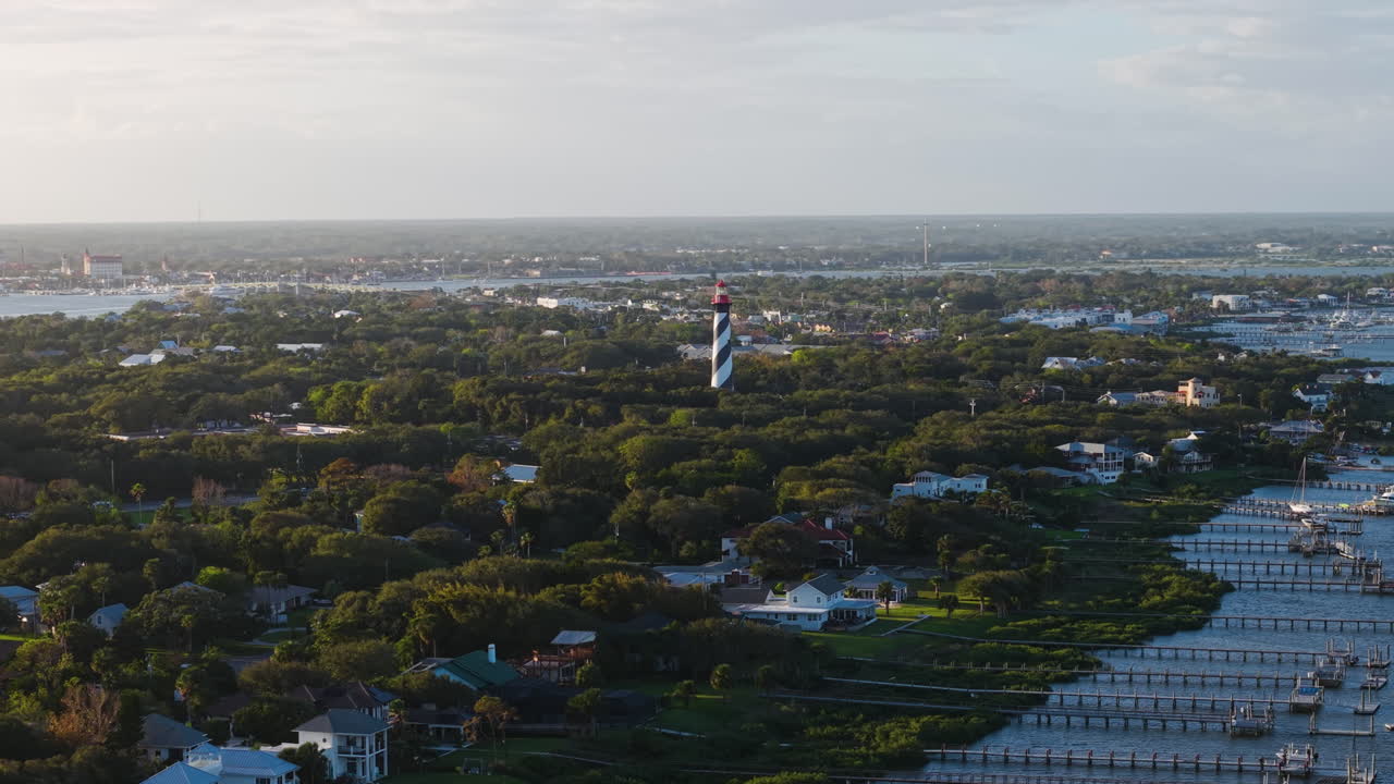 Wide aerial view of the Saint Augustine lighthouse and the coastline of Florida