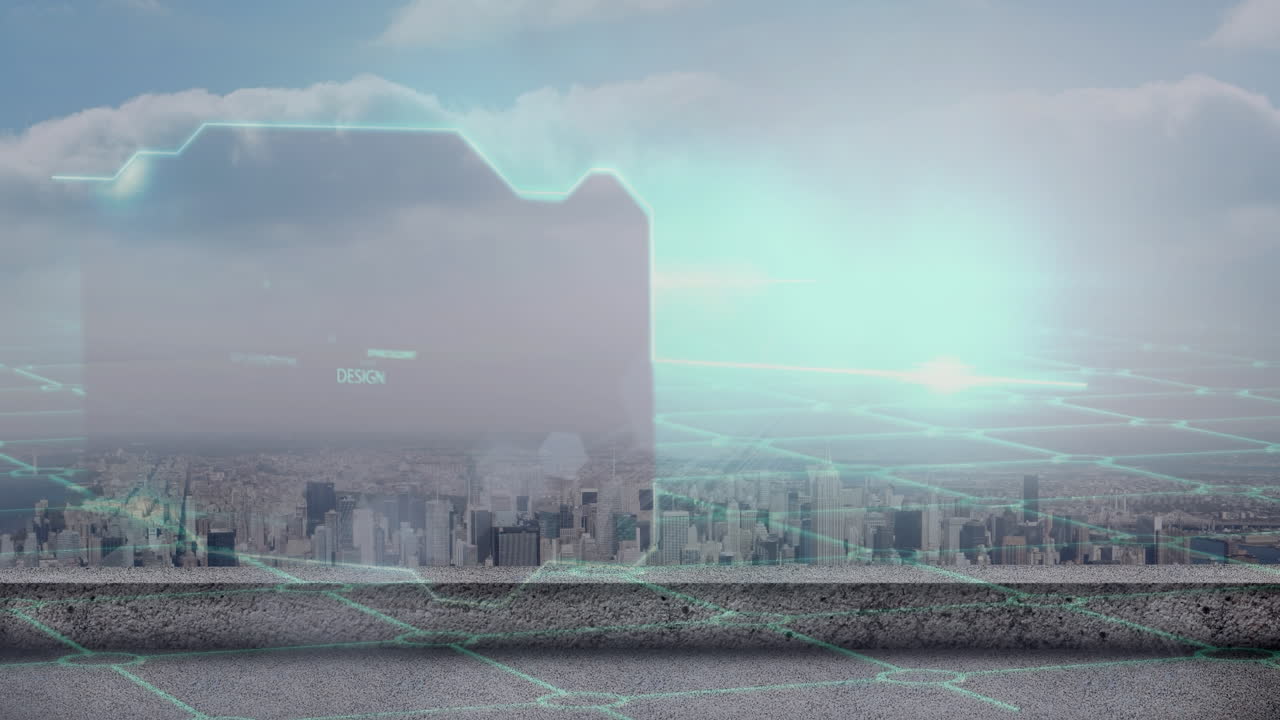 클라우드와 도시 풍경에서 데이터 처리의 애니메이션