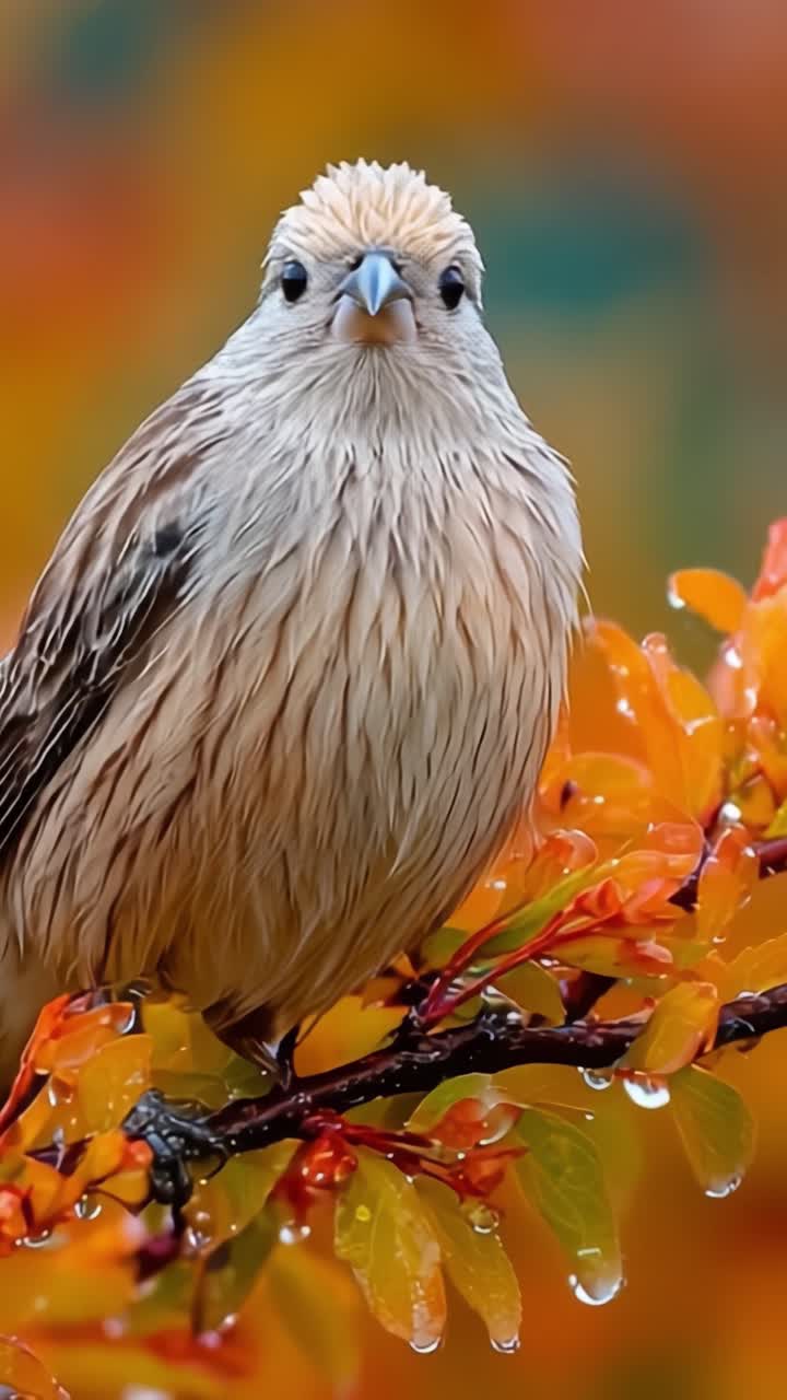 A Close-Up of a Beautiful Bird Preening, Displaying Its Unique Features and Stunning Colors Among Vibrant Leaves with Raindrops, Captured in Nature's Lush Environment