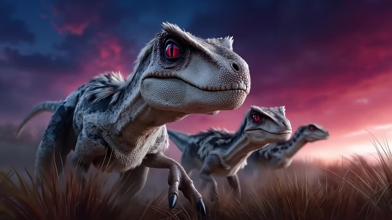 A group of dinosaurs walking through tall grass in a field