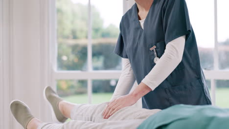 nurse, hands and patient legs in physiotherapy