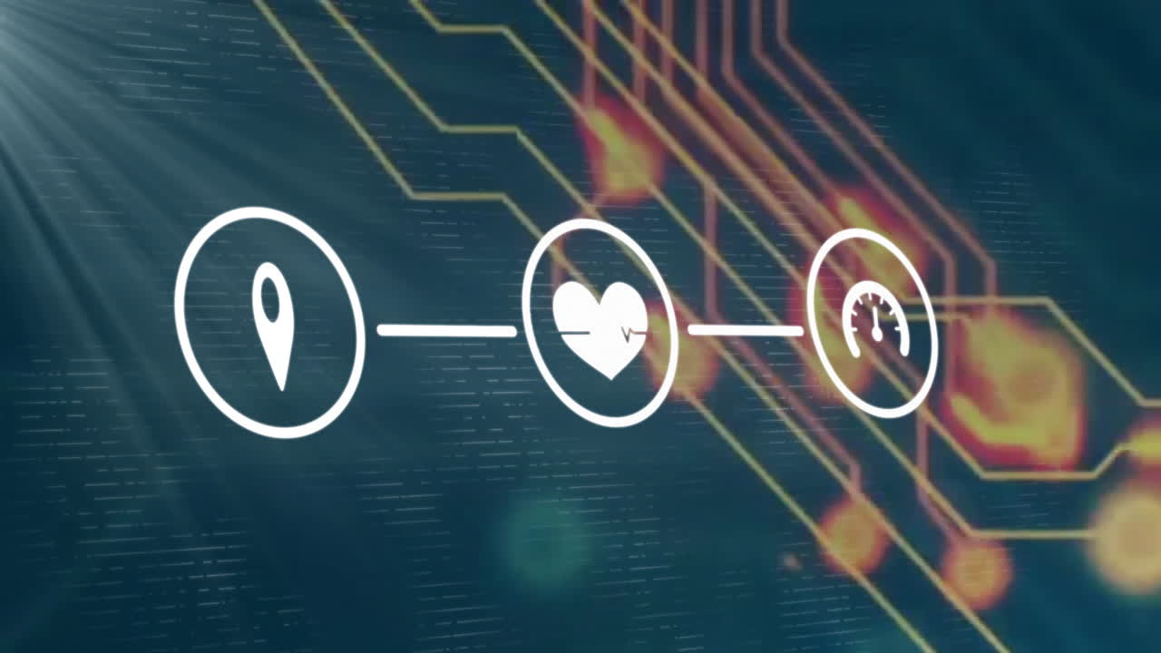 Connected over digital network, animation showing location, heart rate, speed icons
