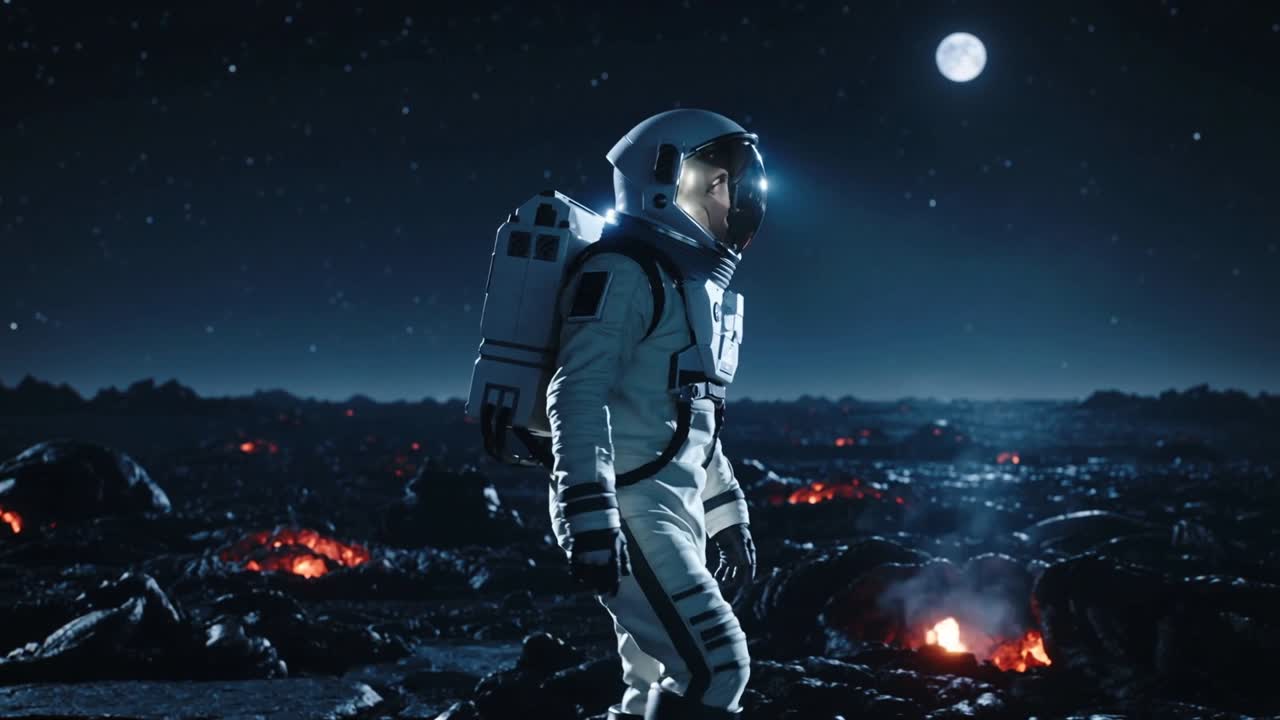 Gående astronaut i trykdragt over lavaslette, hjelmlys tænder for at scanne udluftningshuller