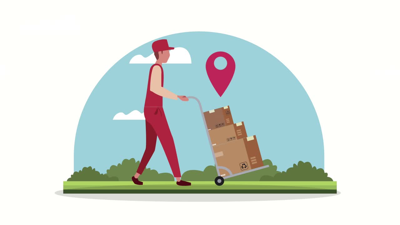 로지스틱 서비스 애니메이션: 작업자 및 카트