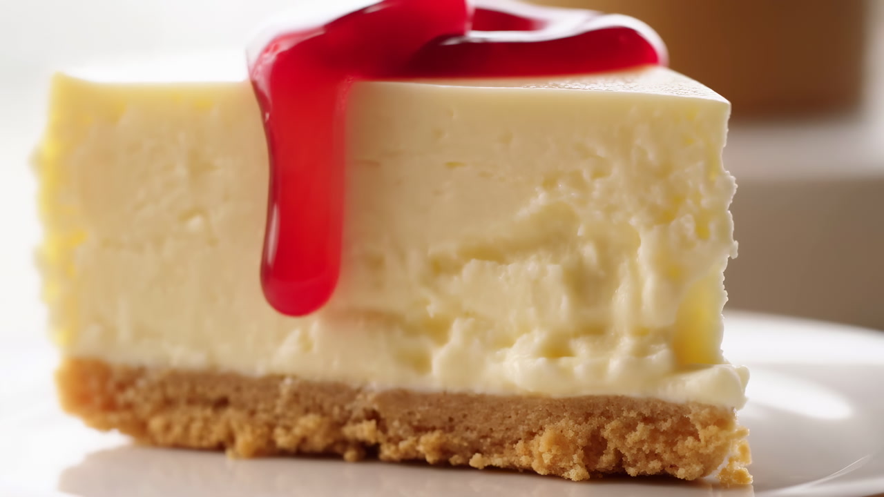 Creamy Cheesecake Slice Topped With Raspberry Sauce, Smooth Velvety Filling, Buttery Graham Crust, White