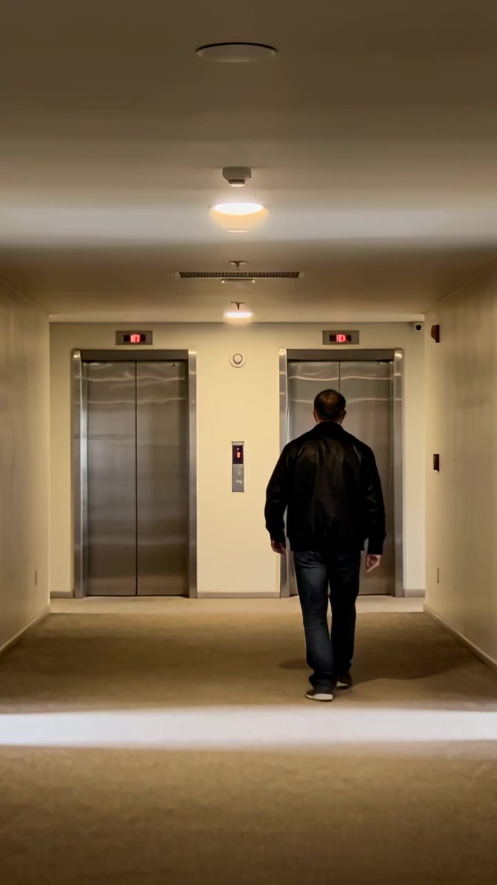 Vertical video: Entering man in jacket jeans walking toward lifts in hall pausing to call lift