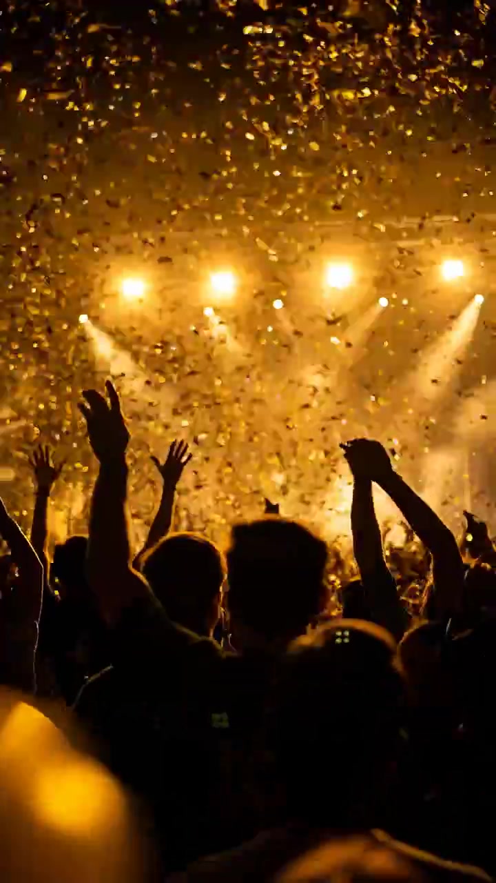 Pubblico numeroso visto da dietro con le mani alzate verso un palco luminoso mentre i coriandoli cadono attraverso una calda luce ambrata in un'atmosfera da concerto al chiuso e buia