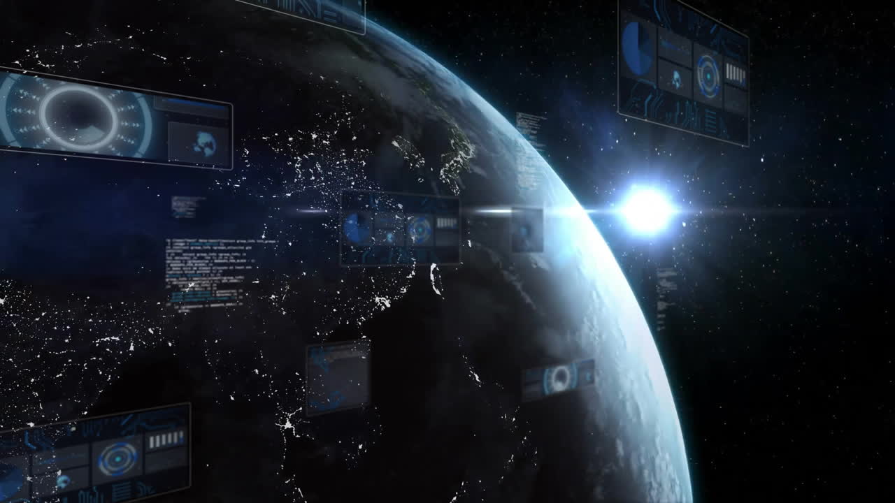 Digital data panels with Earth animation and glowing sun in space background