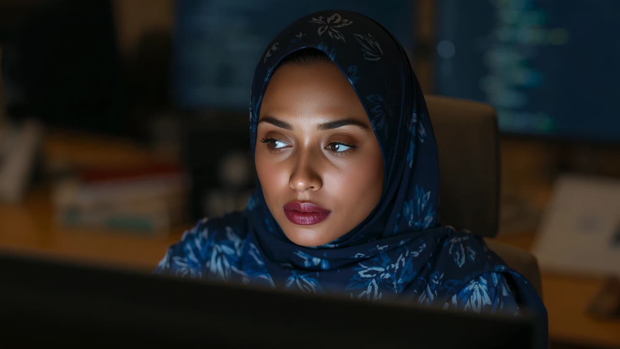 Responding to screen glow, woman wearing blue hijab at desk scanning monitors, reviewing code