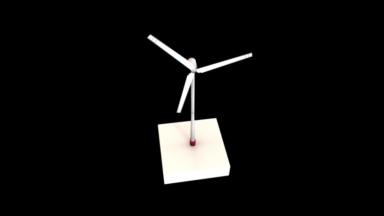 Abstract white windmill turbine with rotating blades isolated on black background, seamless loop. Animation. Wind renewable energy and ecology concept, monochrome